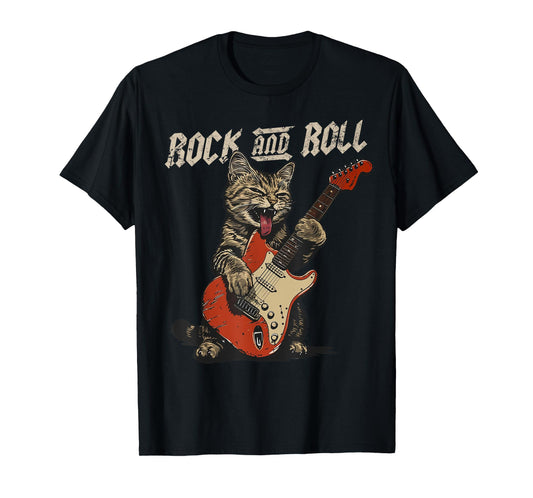 Rock and Roll Guitar Cat Vintage ROCK Guitarist Cat T-Shirt for Men Women Girls Kids