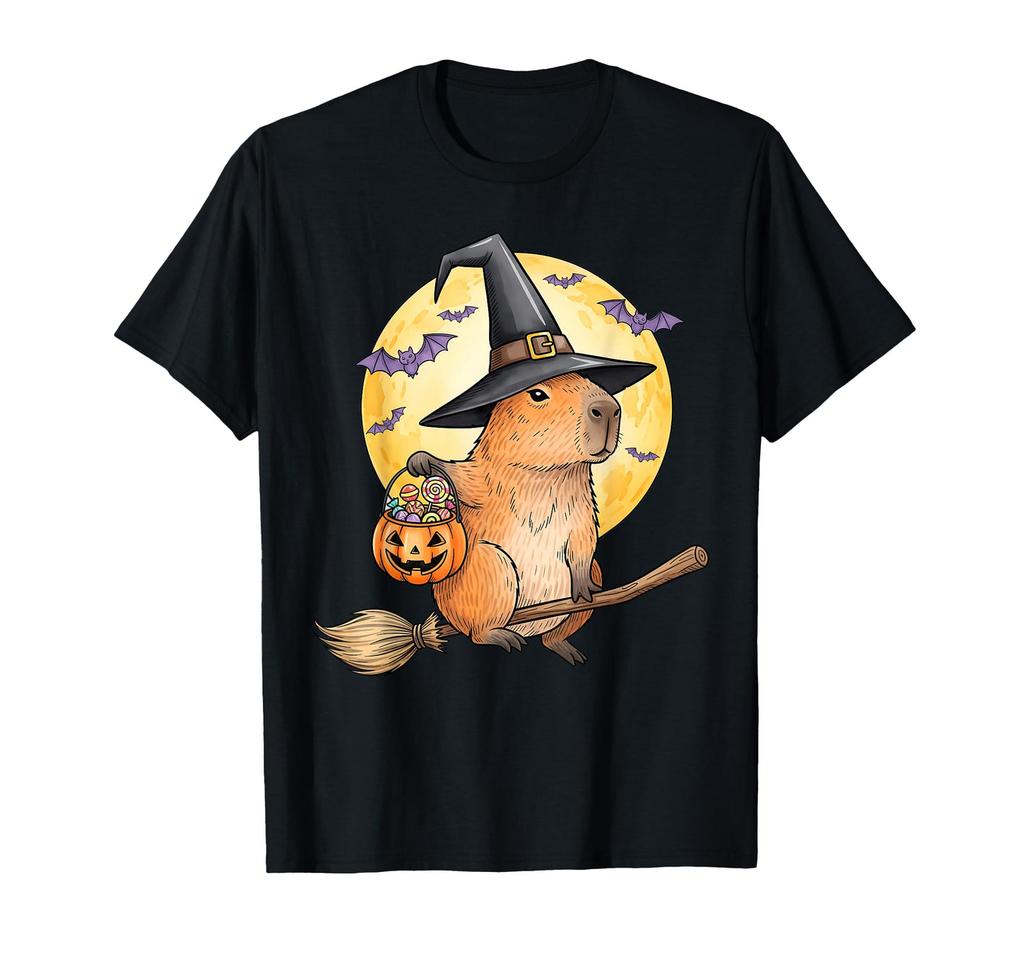 Capybara Pumpkin Hat Witch Funny Halloween Men Women Kids T-Shirt