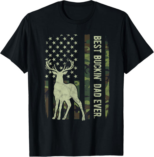 Best Buckin' Dad Camouflage American Flag Deer Hunting T-Shirt