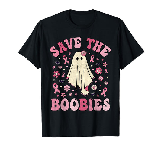 Save the Boobies Pink Halloween Ghost Breast Cancer Groovy T-Shirt