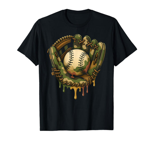 Baseball Drip Camo Baseball Glove Boys Sports Cool Game Day T-Shirt