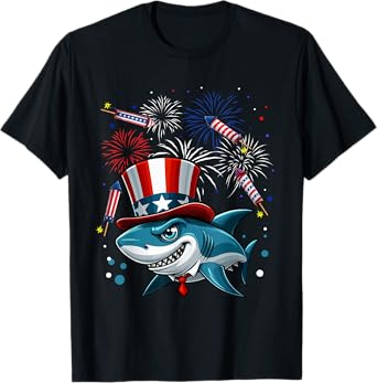 Shark 4th Of July US Flag Fireworks Matching Patriotic Team T-Shirt