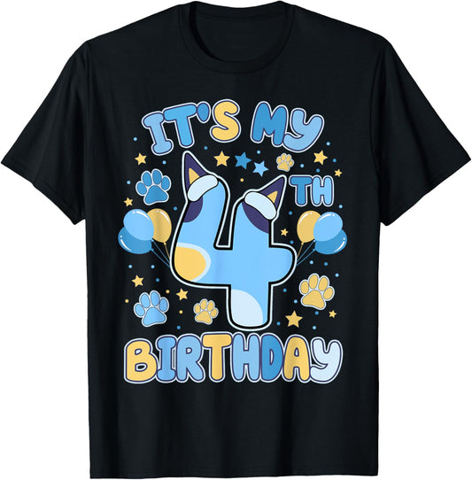 4th Birthday Boy Blue Dog Theme Party Four Cool 4 Year Old T-Shirt