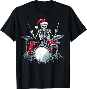 Santa Skeleton Playing Drum Percussionist Drummer Christmas T-Shirt