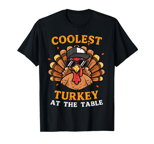 Coolest Turkey at Table Thanksgiving Fall Men Boys Kid Youth T-Shirt