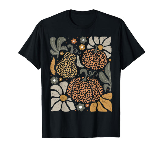 Leopard Pumpkin With Flowers Boho Floral Thanksgiving T-Shirt
