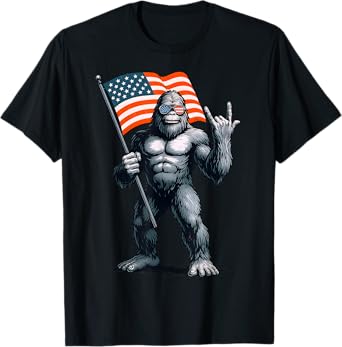 Bigfoot American Flag Funny 4th Of July Men Rock Sasquatch T-Shirt