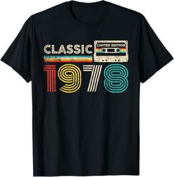 Classic 1978 Retro Birthday Idea 1978 Cassette Tape Vintage T-Shirt, Small, Black
