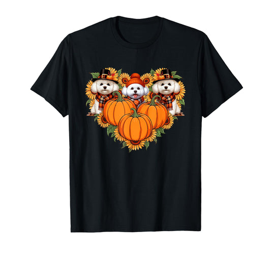 Three Cute Bichon Frises Thanksgiving Pilgrim Sunflowers T-Shirt