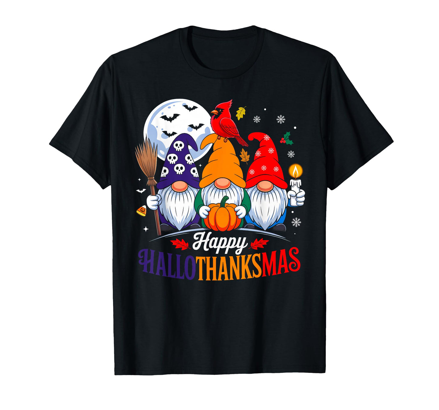 Halloween Thanksgiving Christmas Happy HalloThanksMas Gnomes T-Shirt