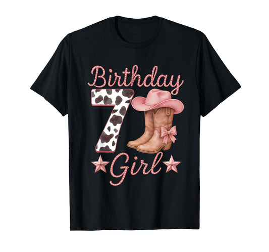 7th Birthday Girl Cowgirl Boots Hat Cow Western Rodeo Outfit T-Shirt