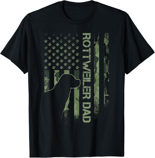 Vintage USA Camo Flag Proud Rottweiler Dad Rottie Silhouette T-Shirt
