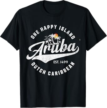 One Happy Island Aruba Script lettering Vintage Logo Art T-Shirt