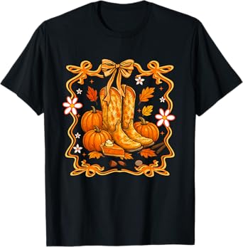Cute Pumpkin Cowgirl Boots Coquette Bows Western Fall Howdy T-Shirt