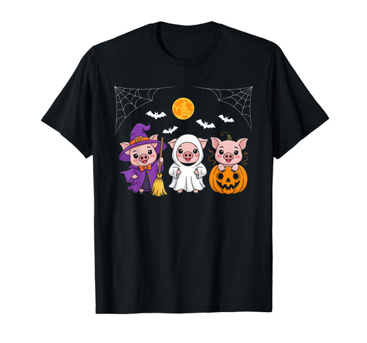 Three Halloween Pigs Cosplay Witch Boo Carved Pumpkin T-Shirt