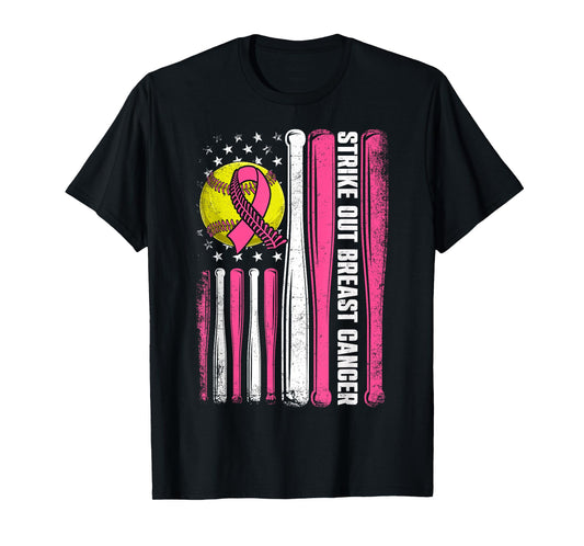 Strike Out Breast Cancer Softball American Flag Women Girls T-Shirt