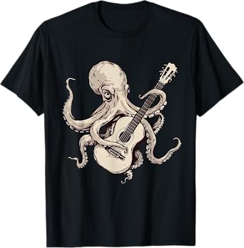 Vintage Octopus Playing Guitar Funny Rocker Guitarist Music T-Shirt