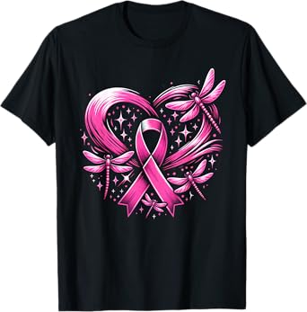 Cute Breast Cancer Heart Dragonflies Awareness Women Men T-Shirt