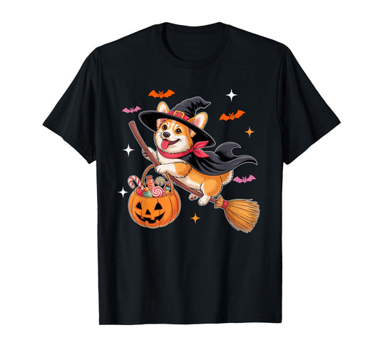 Corgi Cosplay Witch On Broomstick Halloween Owner Kids T-Shirt