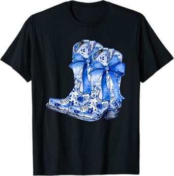 Boots Bow Coquette Coastal Cowgirl Blue Chinoiserie Floral T-Shirt