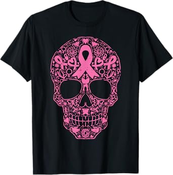 Sugar Skull Pink Ribbon Calavera Breast Cancer Awareness T-Shirt