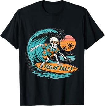 Feelin’ Salty Skeleton Surfer Retro Funny Beach Vacation Tee T-Shirt