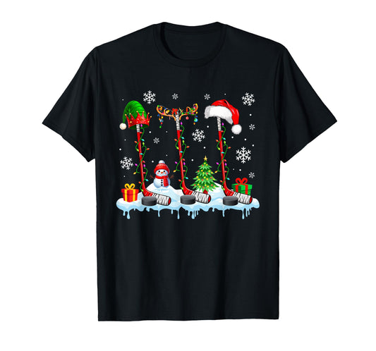 Three Elf Santa Reindeer Hockey Equipments Xmas Player Team T-Shirt