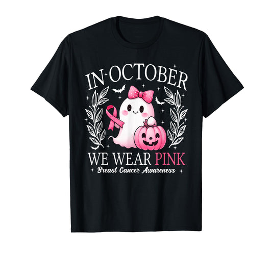 in October We Wear Pink Ghost Witch Breast Cancer Awareness T-Shirt