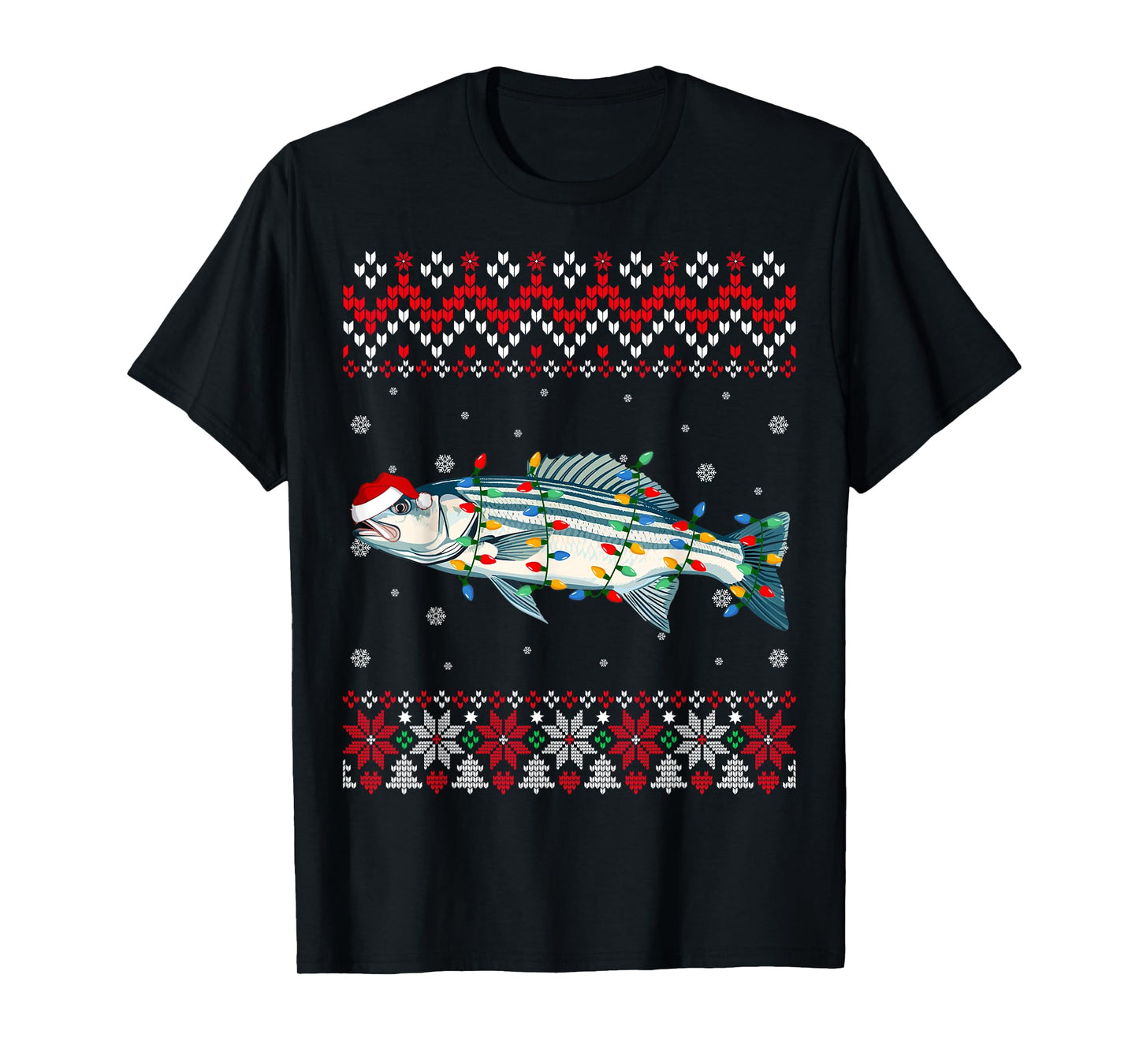 Striped Bass Fish Santa Hat Women Kids Ugly Christmas Light T-Shirt