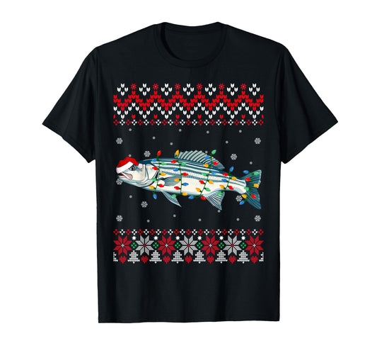Striped Bass Fish Santa Hat Women Kids Ugly Christmas Light T-Shirt