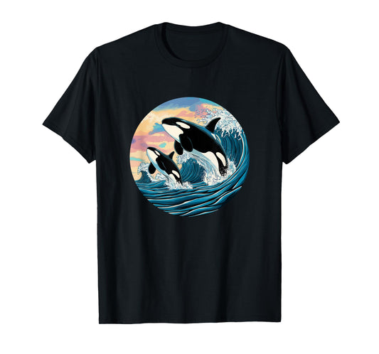 Orca Wave Ocean Sunset Marine Life Fan Outfit Kids Unisex T-Shirt Black Small Modern Cartoon Orca Jumping Waves Ocean Sunset Marine Life Enthusiast T-Shirt