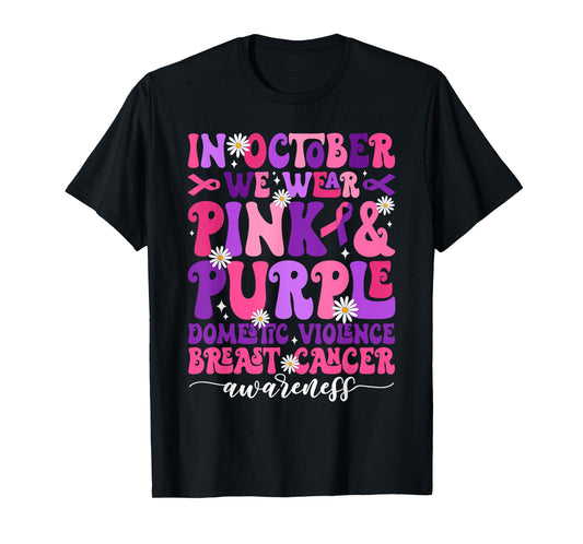 Groovy October Domestic Violence Breast Cancer Awareness T-Shirt