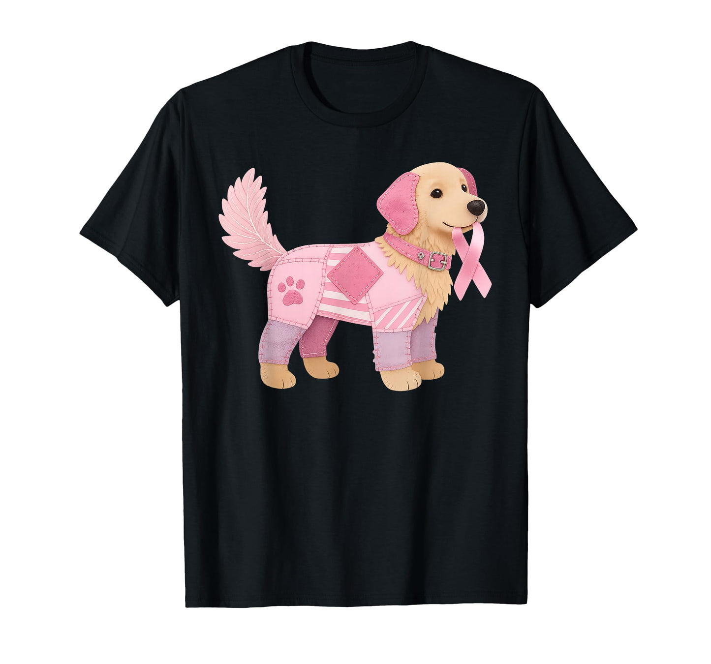 Patchwork Dog Pink Ribbon Breast Cancer Awareness Support T-Shirt