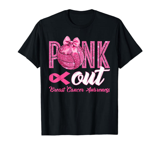 Pink Out Breast Cancer Awareness Coquette Bow & Volleyball T-Shirt