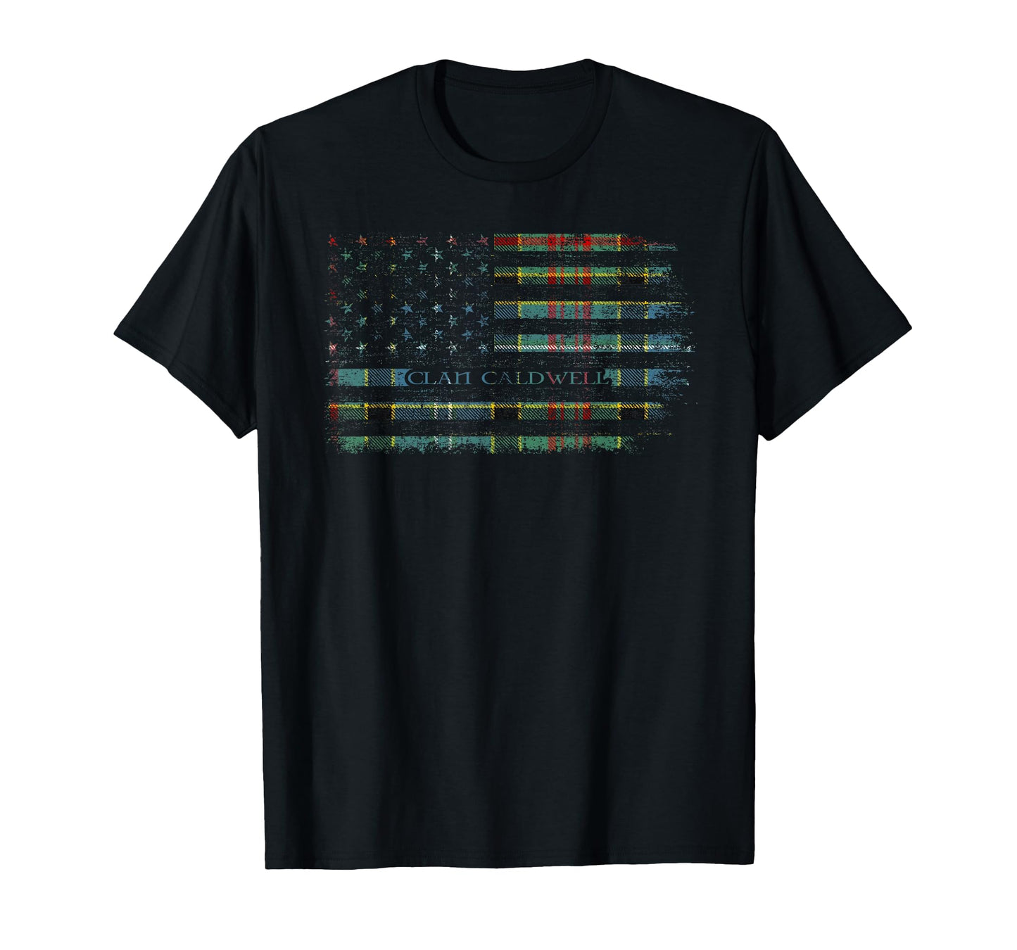 Clan Caldwell Scottish tartan US flag kilt Scotland T-Shirt
