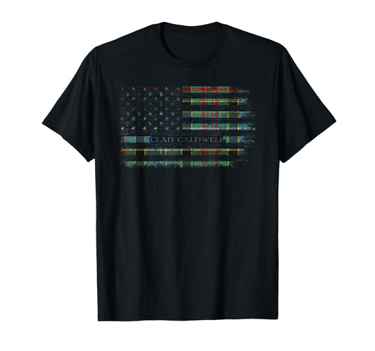 Clan Caldwell Scottish tartan US flag kilt Scotland T-Shirt