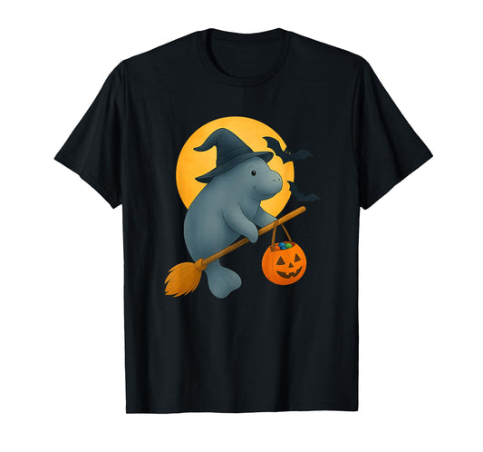 Cute Manatee Witch Hat Pumpkin Halloween Tee Men Women Kids T-Shirt