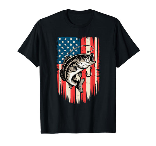 Bass Fishing Big Mouth Jumping Over American Flag T-Shirt