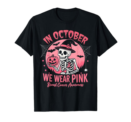 Breast Cancer Women Boys Girls Skeleton Wear Pink Halloween T-Shirt