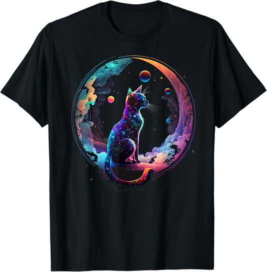 Cosmic Cat Cool Colorful Crescent Moon and Clouds Kitten T-Shirt