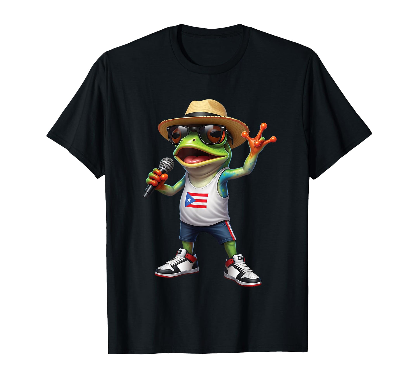 Puerto Rico Singing Coqui Boricua Frog, Straw Hat PR Flag T-Shirt