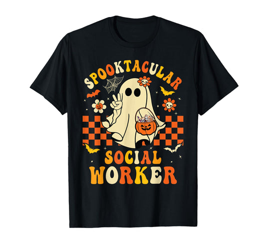 Groovy Spooktacular School Social Worker Halloween Ghost T-Shirt