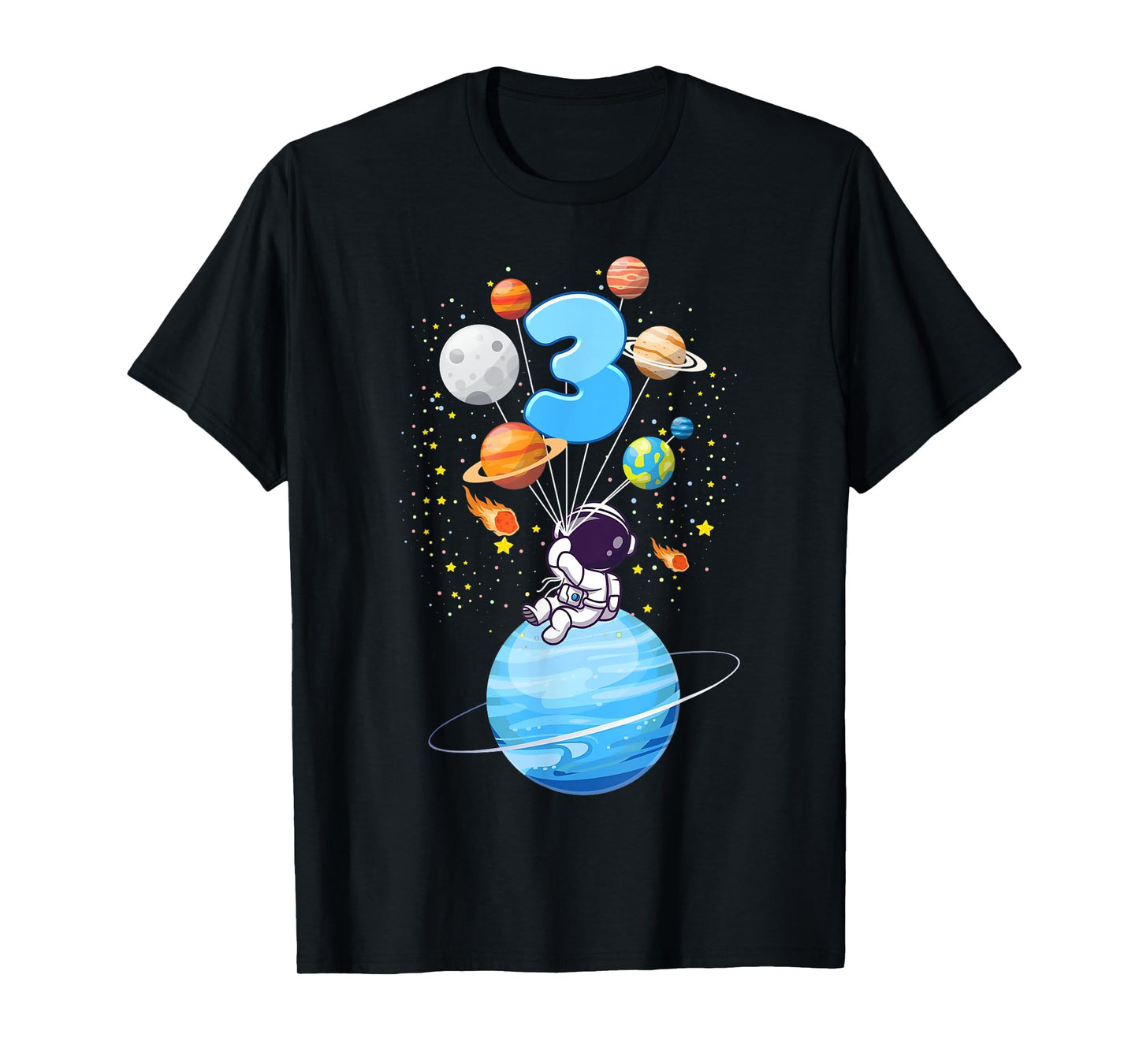 Kids 3 Year Old Astronaut Balloon Planets 3rd Birthday Boy T-Shirt