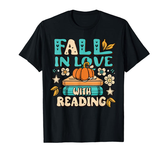 Fall In Love With Reading Book Autumn Pumpkins And Teachers T-Shirt for Men Women Kids