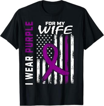 I Wear Purple For My Wife Pancreatic Cancer Awareness Flag T-Shirt