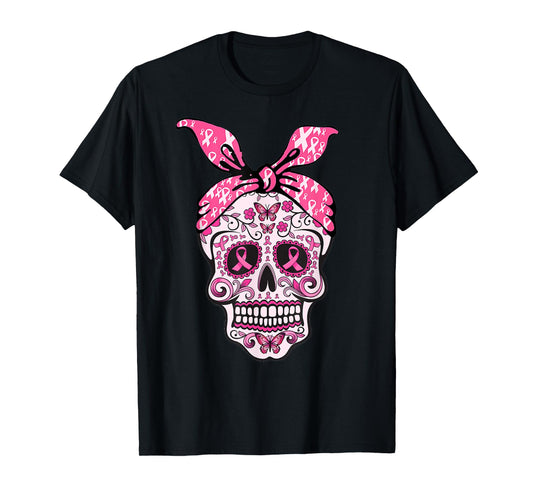 Sugar Skull Pink Ribbon Bandana Calavera Breast Cancer T-Shirt