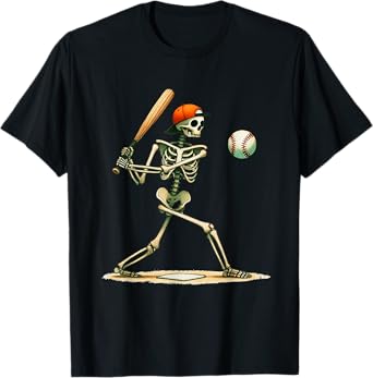 Funny Skeleton Batting Baseball Halloween Boys Men Kids T-Shirt