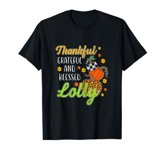 Womens Thankful Grateful Blessed Lolly Autumn Fall Pumpkin T-Shirt
