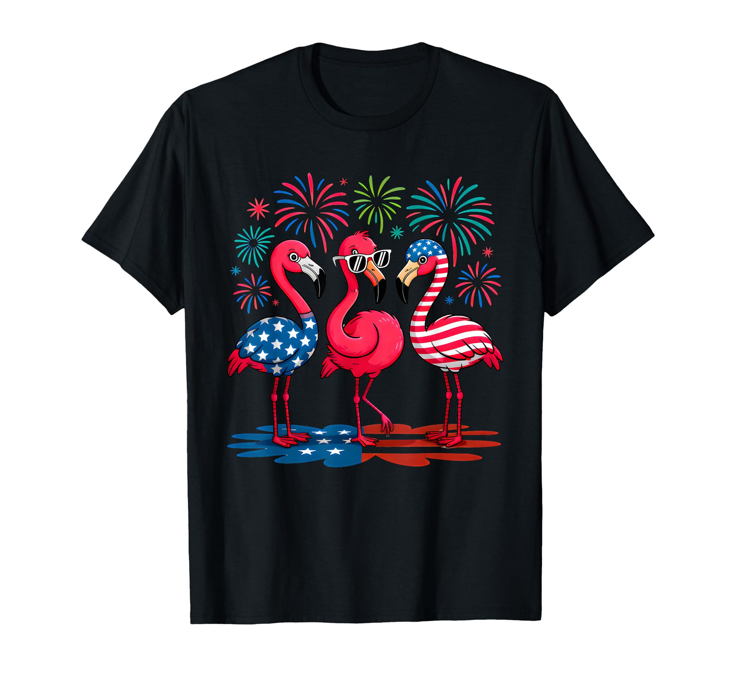 Flamingos And Fireworks Red White Blue 4th Of July American T-Shirt