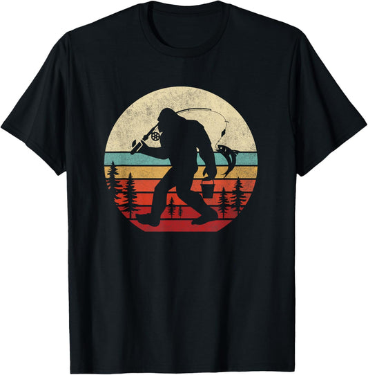 Bigfoot Fishing Funny Retro Sasquatch Dad Men Kids T-Shirt